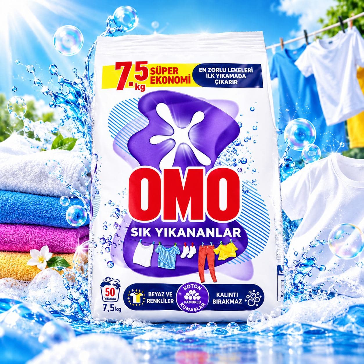 Omo Sık Yıkananlar Beyazlar ve Renkliler için 7.5 kg Toz Deterjan